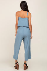 Blue Ribbed Double Layer Cropped Jumpsuit