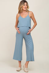 Blue Ribbed Double Layer Cropped Maternity Jumpsuit