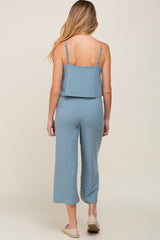 Blue Ribbed Double Layer Cropped Maternity Jumpsuit