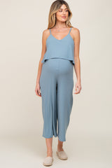 Blue Ribbed Double Layer Cropped Maternity Jumpsuit