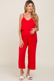 Red Ribbed Double Layer Cropped Maternity Jumpsuit