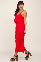 Red Ribbed Double Layer Cropped Jumpsuit