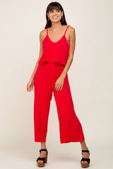 Red Ribbed Double Layer Cropped Jumpsuit