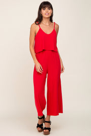 Red Ribbed Double Layer Cropped Jumpsuit