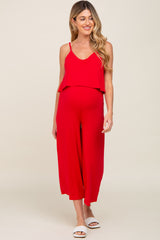 Red Ribbed Double Layer Cropped Maternity Jumpsuit