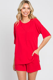 Red Pocket Front Pajama Short Set