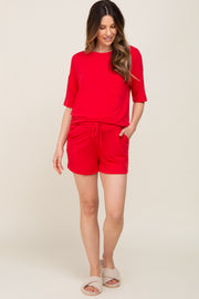 Red Pocket Front Maternity Pajama Short Set