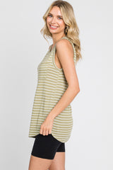 Light Olive Sleeveless Striped Pocket Front Top