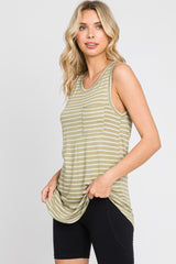 Light Olive Sleeveless Striped Pocket Front Top