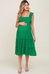 Green Smocked Square Neck Ruffle Strap Tiered Maternity Midi Dress