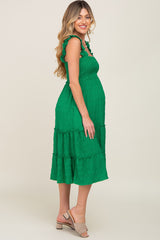 Green Smocked Square Neck Ruffle Strap Tiered Maternity Midi Dress