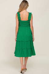 Green Smocked Square Neck Ruffle Strap Tiered Maternity Midi Dress