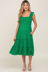 Green Smocked Square Neck Ruffle Strap Tiered Maternity Midi Dress