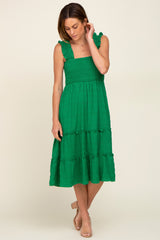 Green Smocked Square Neck Ruffle Strap Tiered Maternity Midi Dress