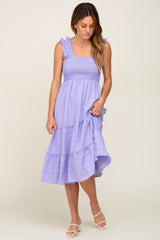 Lavender Smocked Square Neck Ruffle Strap Tiered Midi Dress