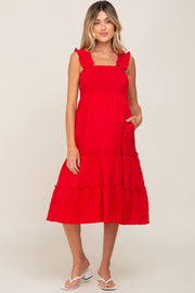 Red Smocked Square Neck Ruffle Strap Tiered Maternity Midi Dress