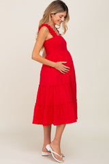 Red Smocked Square Neck Ruffle Strap Tiered Maternity Midi Dress