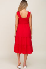 Red Smocked Square Neck Ruffle Strap Tiered Maternity Midi Dress