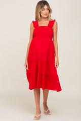 Red Smocked Square Neck Ruffle Strap Tiered Maternity Midi Dress