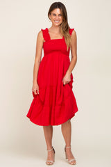 Red Smocked Square Neck Ruffle Strap Tiered Maternity Midi Dress