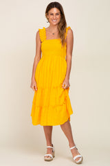 Yellow Smocked Square Neck Ruffle Strap Tiered Midi Dress