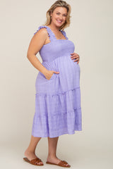 Lavender Smocked Square Neck Ruffle Strap Tiered Maternity Plus Midi Dress