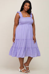 Lavender Smocked Square Neck Ruffle Strap Tiered Plus Midi Dress