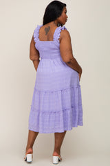 Lavender Smocked Square Neck Ruffle Strap Tiered Plus Midi Dress