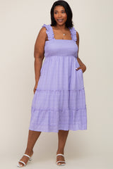 Lavender Smocked Square Neck Ruffle Strap Tiered Plus Midi Dress