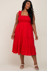 Red Smocked Square Neck Ruffle Strap Tiered Plus Midi Dress