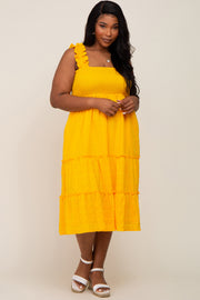 Yellow Smocked Square Neck Ruffle Strap Tiered Plus Midi Dress