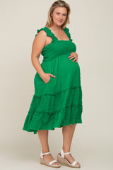 Green Smocked Square Neck Ruffle Strap Tiered Maternity Plus Midi Dress