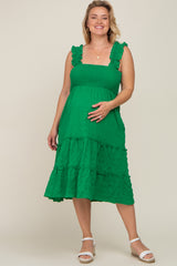 Green Smocked Square Neck Ruffle Strap Tiered Maternity Plus Midi Dress