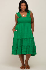 Green Smocked Square Neck Ruffle Strap Tiered Plus Midi Dress