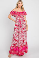 Red Floral Paisley Ruffle Off Shoulder Maternity Maxi Dress