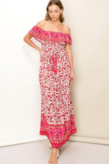 Red Floral Paisley Ruffle Off Shoulder Maxi Dress