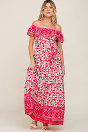 Red Floral Paisley Ruffle Off Shoulder Maternity Maxi Dress