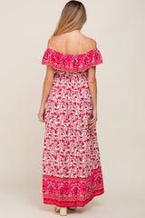 Red Floral Paisley Ruffle Off Shoulder Maternity Maxi Dress