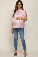 Light Pink Satin Button Down Smocked Accent Maternity Top