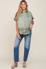 Olive Satin Button Down Smocked Accent Maternity Top