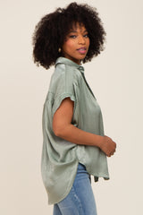 Olive Satin Button Down Smocked Accent Top