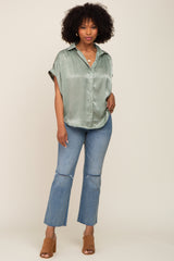 Olive Satin Button Down Smocked Accent Top