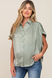 Olive Satin Button Down Smocked Accent Maternity Top