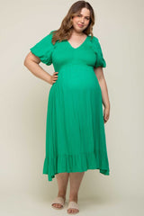 Green Smocked Puff Sleeve Maternity Plus Midi Dress