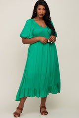 Green Smocked Puff Sleeve Plus Midi Dress