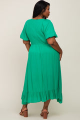 Green Smocked Puff Sleeve Plus Midi Dress