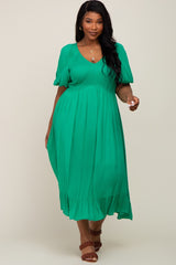 Green Smocked Puff Sleeve Plus Midi Dress