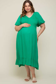 Green Smocked Puff Sleeve Maternity Plus Midi Dress