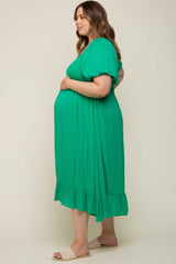 Green Smocked Puff Sleeve Maternity Plus Midi Dress