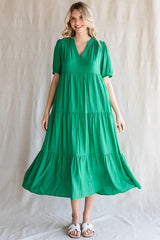 Green Tiered V-Neck Midi Dress